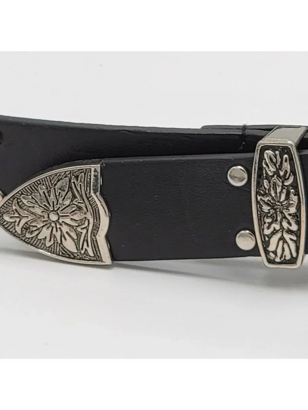 Western-Style Black Leather Belt With Dual Ornate Silver Buckles & Stud Details